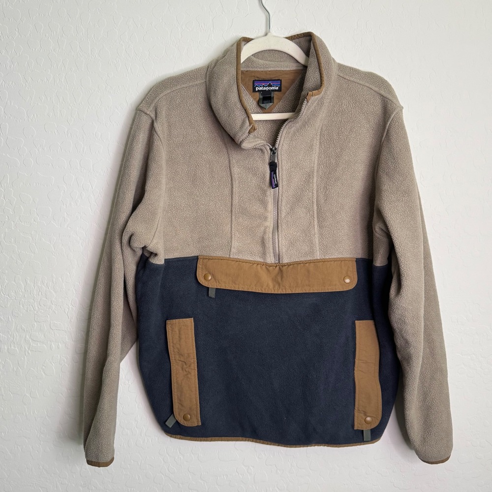 Patagonia Synchilla Anorak L Tan Navy Color Block Pullover Gorpcore Camp Fall